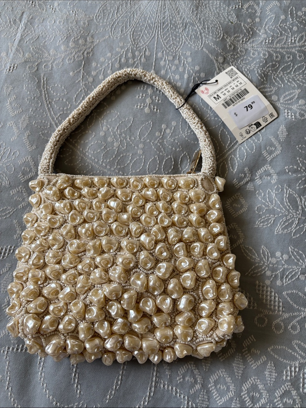Zara Pearl-Embellished Cream Mini Top-Handle Bag - Picture 2 of 5
